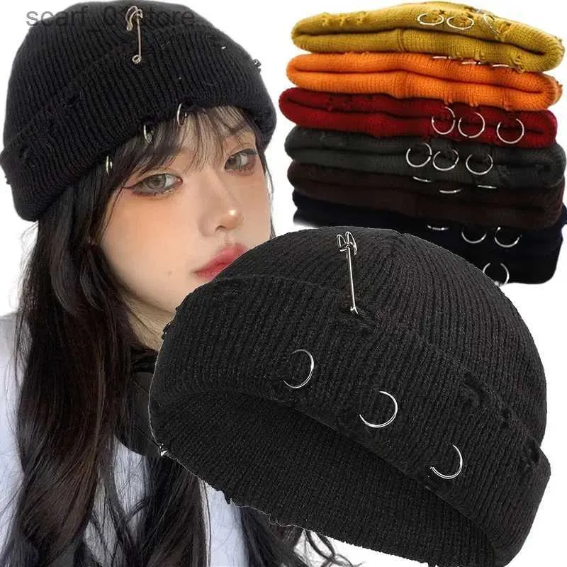 Beanie/Skull Caps Solid Color Knitted Hat Punk Hip Hop Beanies for Men Women Metal Pin Ring Brimless Melon C Winter Warm Crochet Bonnet HatsL231202