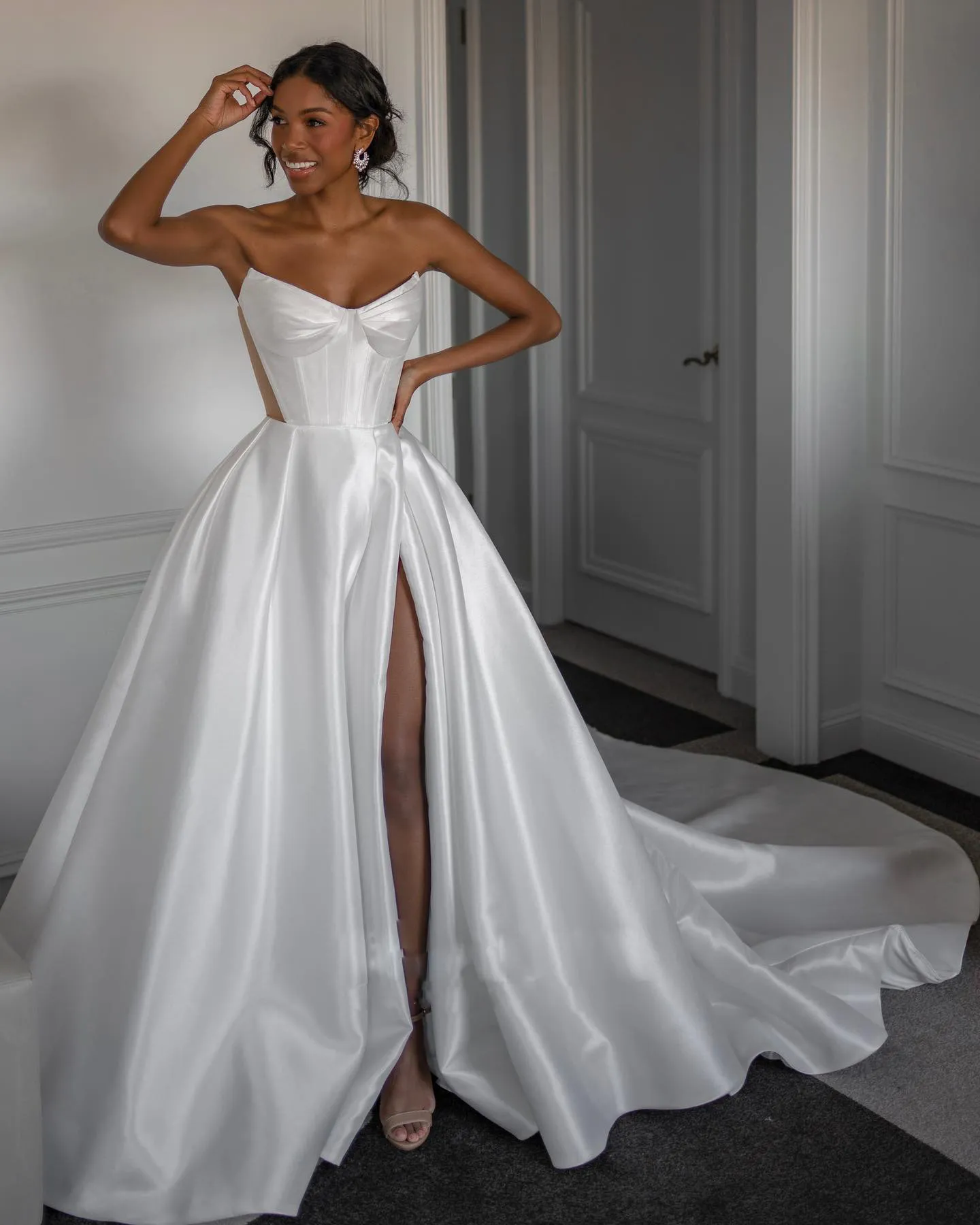 matte satin sculpted bodice a line wedding dress D4269 Matte Satin A-Line Bridal Dress with Draped Bodice and Basque Waist