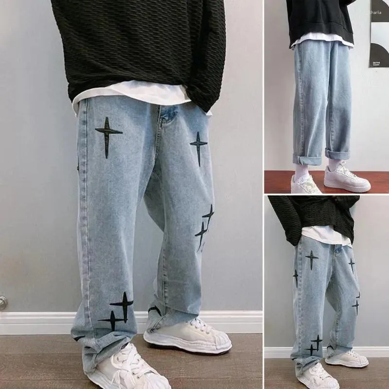 Jeans masculinos de cintura baixa primavera outono calças jeans estrela padrão cor sólida zíper perna larga solta streetwear