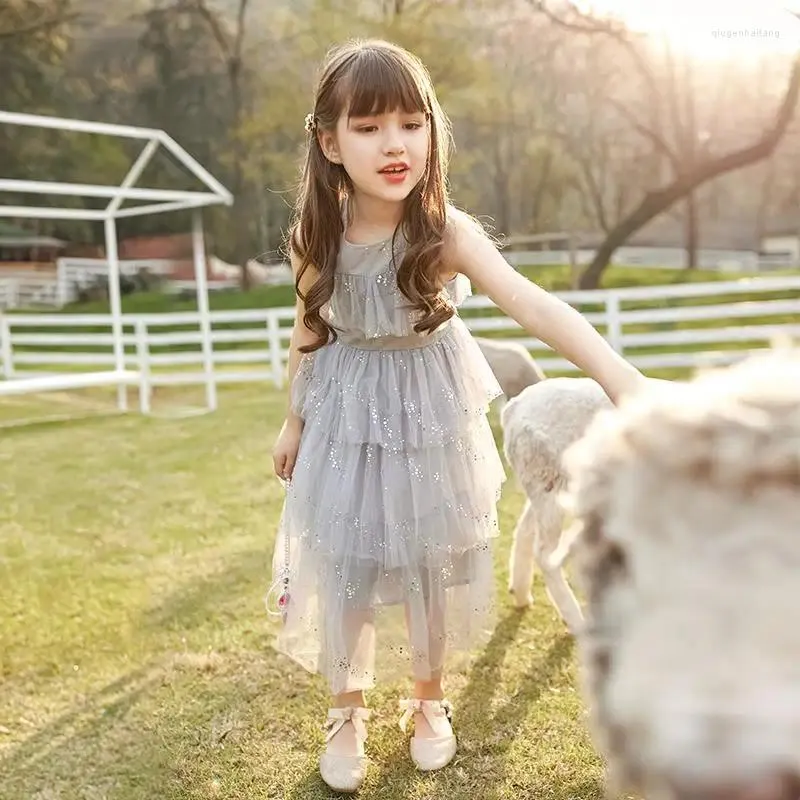 Vestidos da menina 2023 verão crianças meninas lantejoulas brilhante em camadas doce vestido de princesa adolescente malha vestido de baile festa de casamento