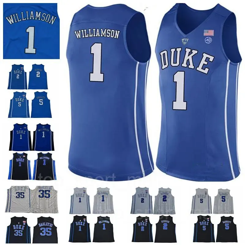 NCAA Devils 1 Zion Williamson Jersey 5 RJ Barrett 2 Cam Reddish University Bleu Noir Blanc College Basketball Maillots Ed