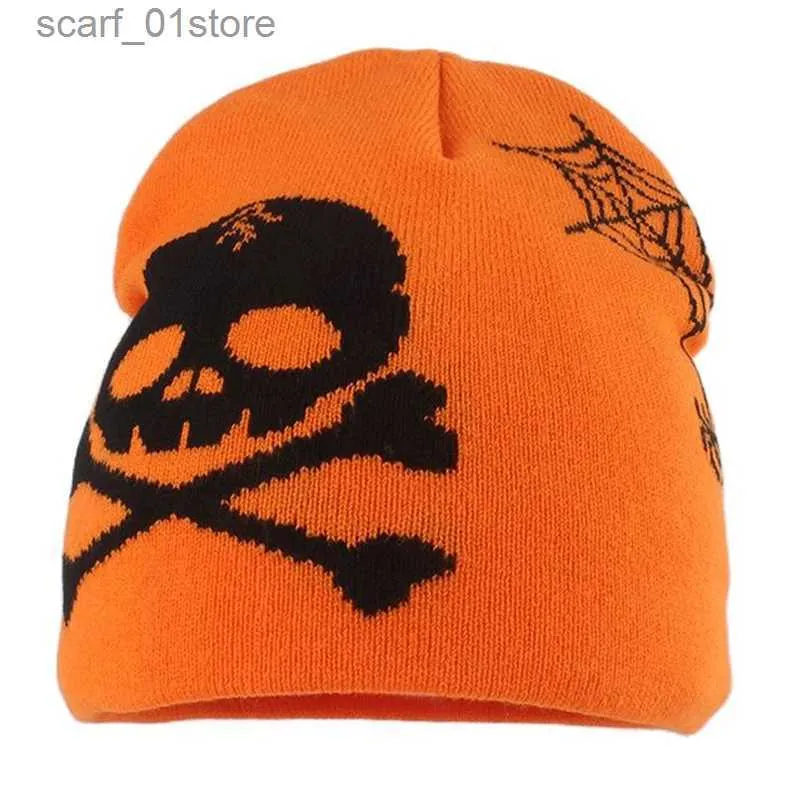 Beanie / Skull Caps Masculino Gorros de Malha Chapéu Lã C Europeu Americano Hip-Hop Crânio Teia de Aranha Chapéus de Malha Halloween Engraçado Pulr Brimless BonnetL231202