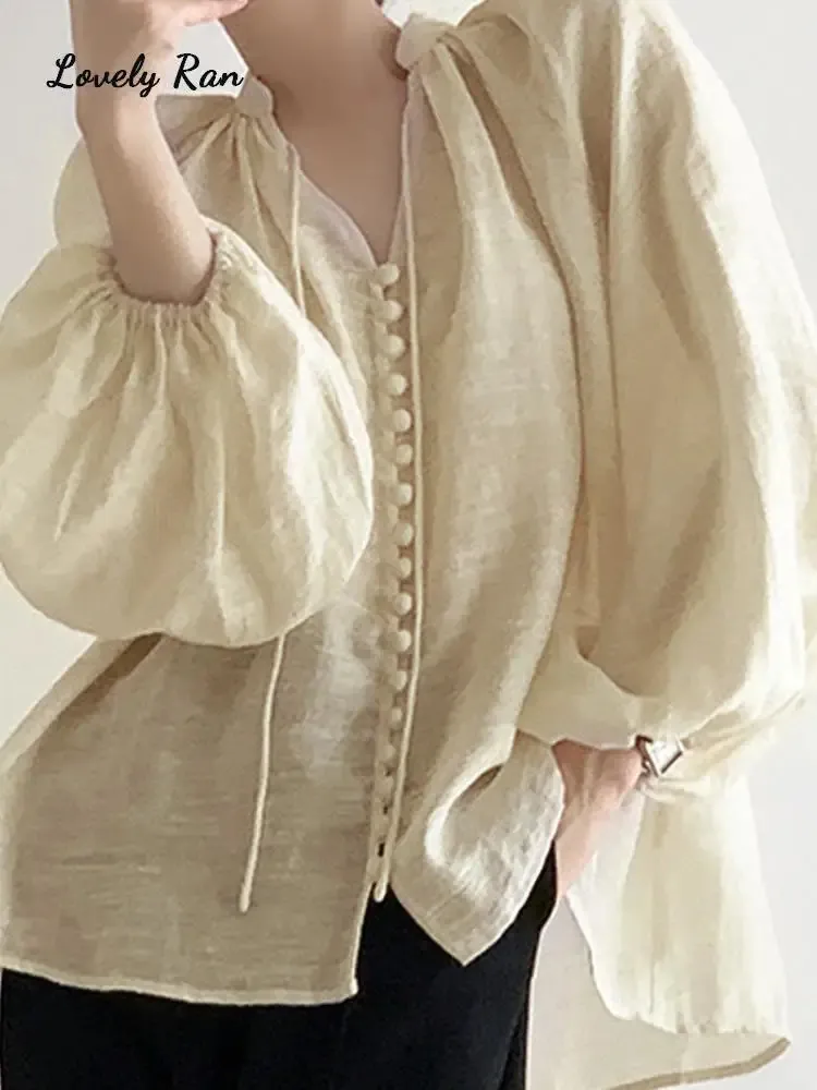 Basic Casual Dresses Solid Linen Long Lantern Sleeve Woman s Shirt V neck Strappy Button Loose Female Shirts Spring Summer Sweet Ladies Top 231202