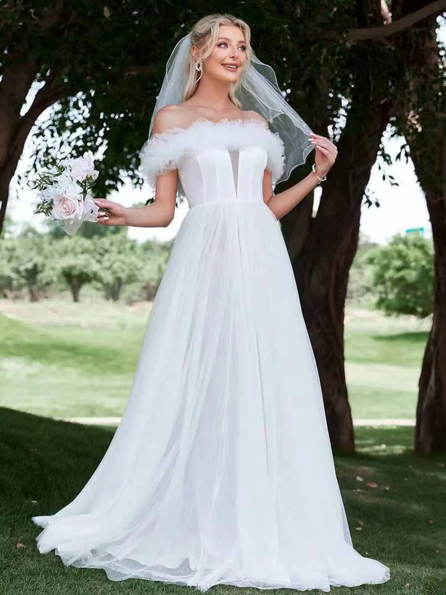 A Line Wedding Dress with Short Sleeves: Off-the-Shoulder Ruffled