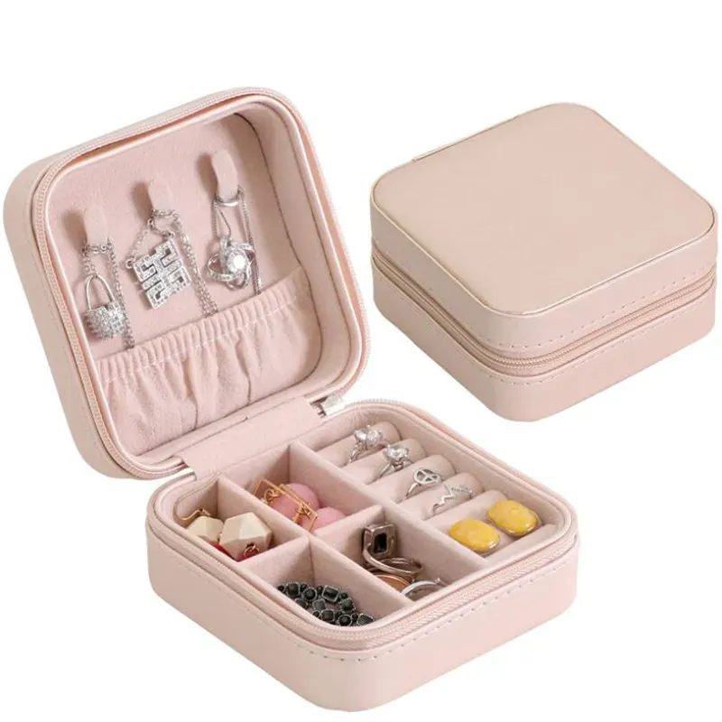 Boîte de rangement de bijoux de voyage en cuir PU à fermeture éclair Portable, bagues, boucles d'oreilles, pendentifs, collier, organisateur, présentoir cadeau, support d'accessoires ZZ