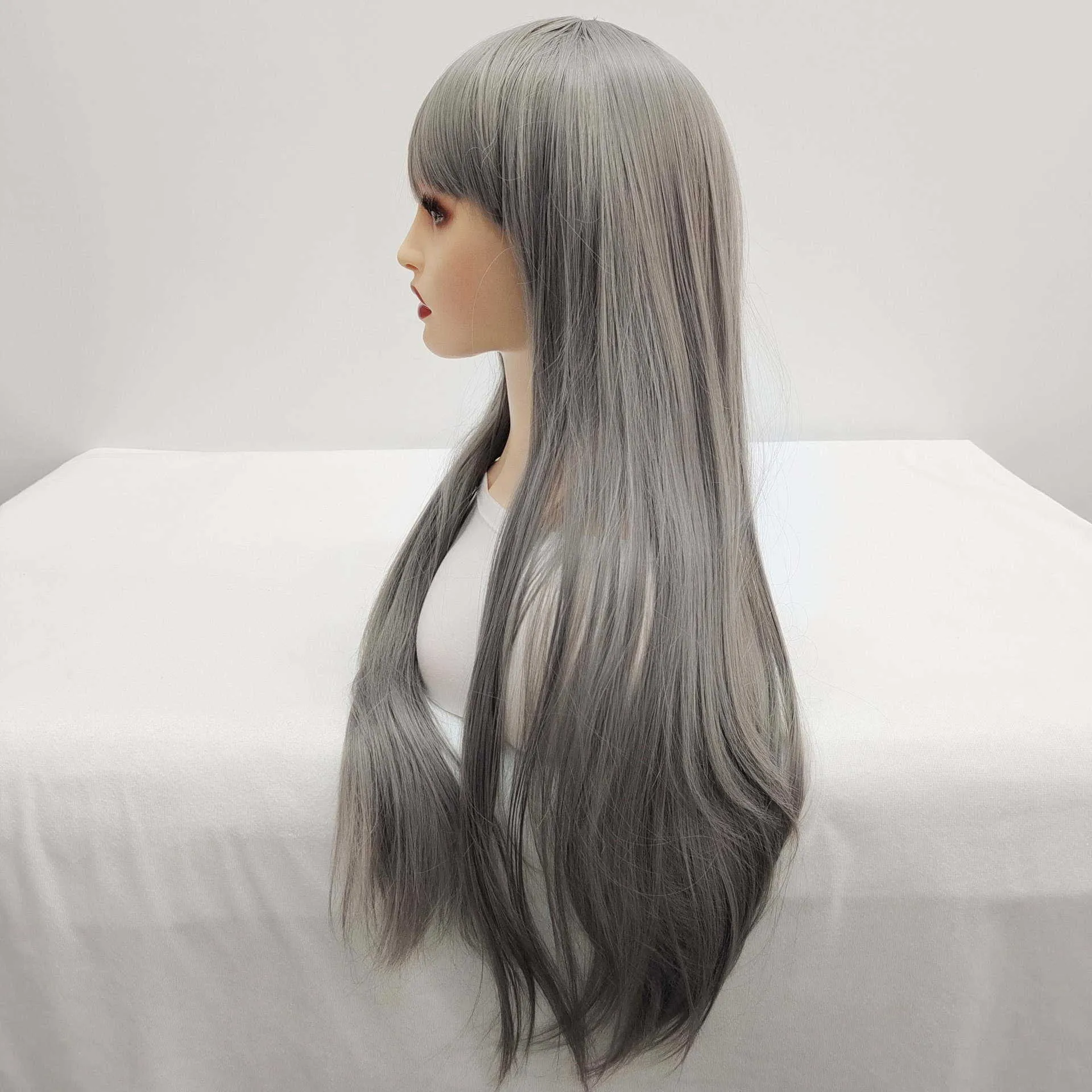 yielding Straight new wig gray long straight wig cover High temperature silk neat bangs versatile and simple wig head cover