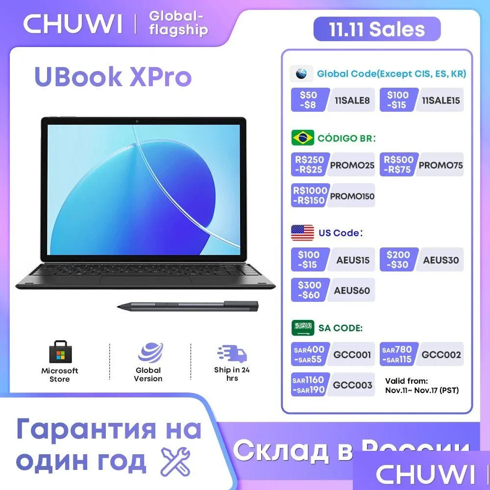 Laptopy Chuwi 2023 13 Ubook Xpro 2 in1 Tablet Intel i5 10210y Windows 11 2K 8GB 512GB 2,4G/5G WIFI Klawiatura Stylus PC DEL DHDBS