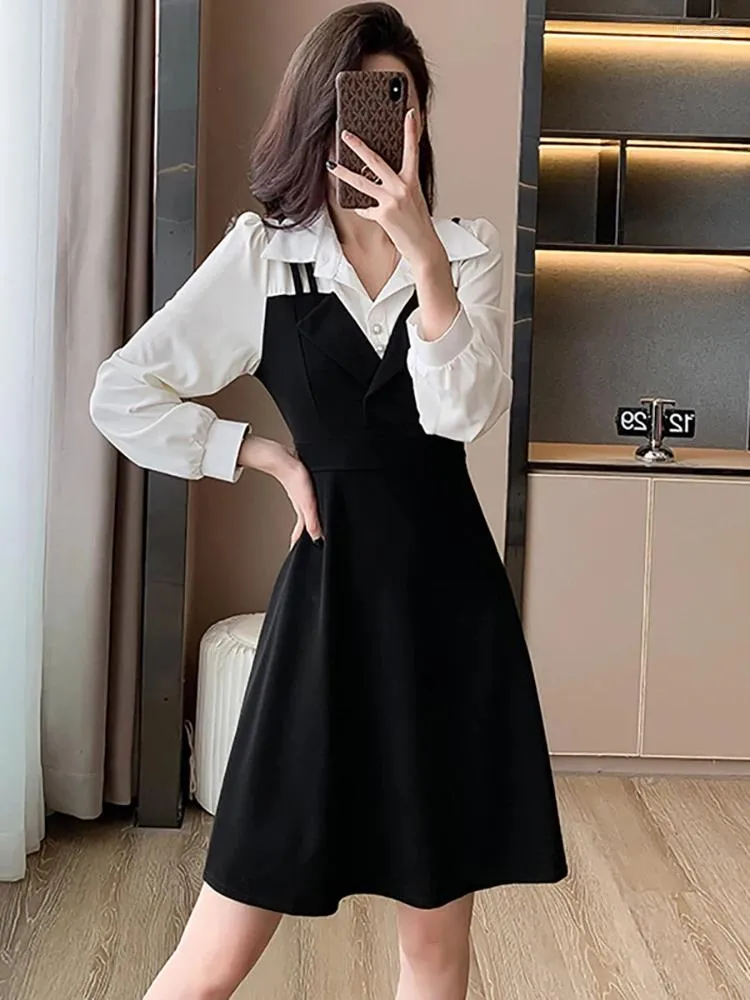 Casual Dresses Autumn Winter Black Patchwork White Long Sleeve Midi Dress Women Elegant Polo Collar Shirt 2023 Korean BodyCon Party