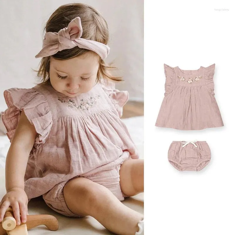 Vestidos de niña Vestido de algodón para bebé Bordado de flores de verano Manga voladora Ropa informal para niñas pequeñas Rosa polvoriento