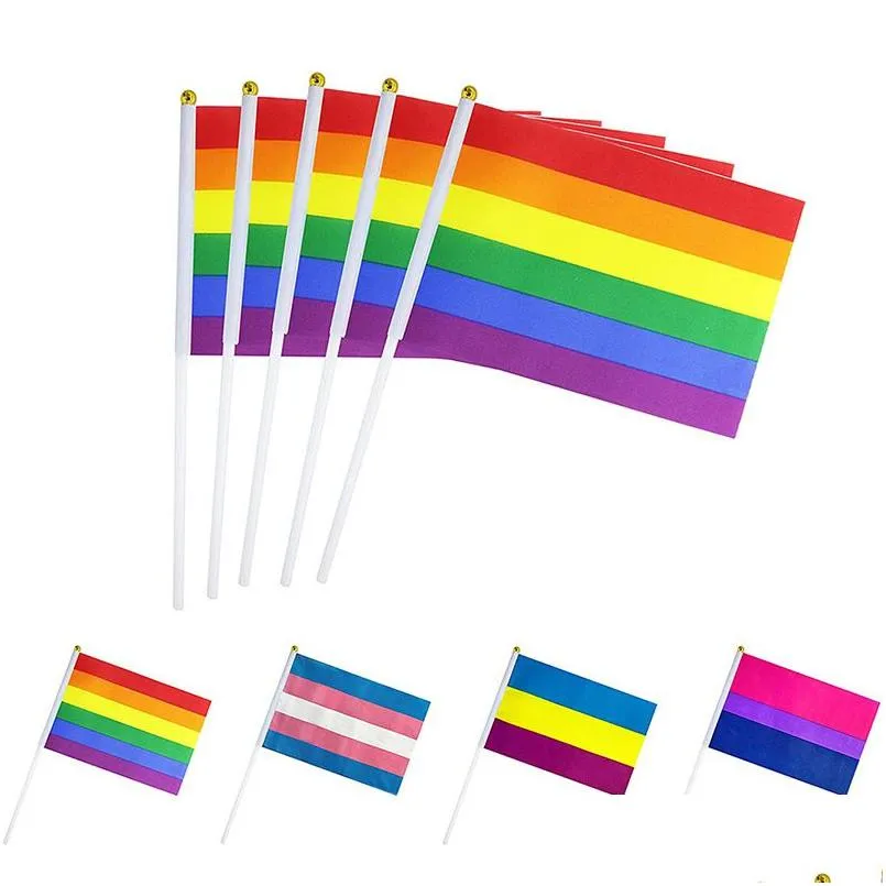 Bandiere n. 8 Bandiera Gay Rosa Arcobaleno Lgbt a strisce 14X21 Stampa Stessa cintura di orgoglio Pe Pennone in plastica Consegna a mano a mano Giardino domestico F Dhger