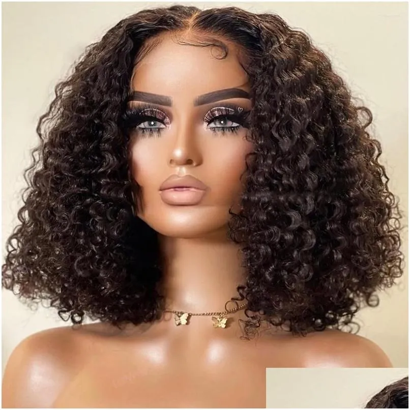 Perucas sintéticas 360 150% curto bob encaracolado cabelo humano para mulheres negras brasileiro remy 13x1 t parte água onda profunda peruca frontal com ba dh2pb