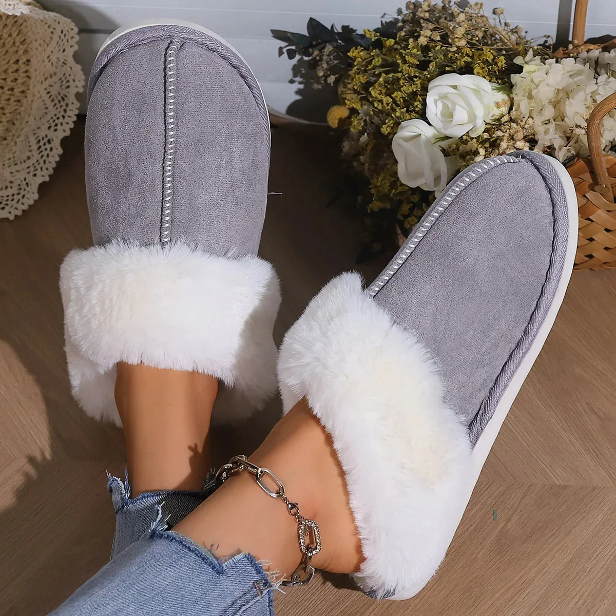 Pantoufles Femmes Hiver Chaud En Peluche Maison Fausse Fourrure Moelleux Coton Doux Femmes Talons Plats Antidérapant Chambre Maison Chaussures Femme 231202