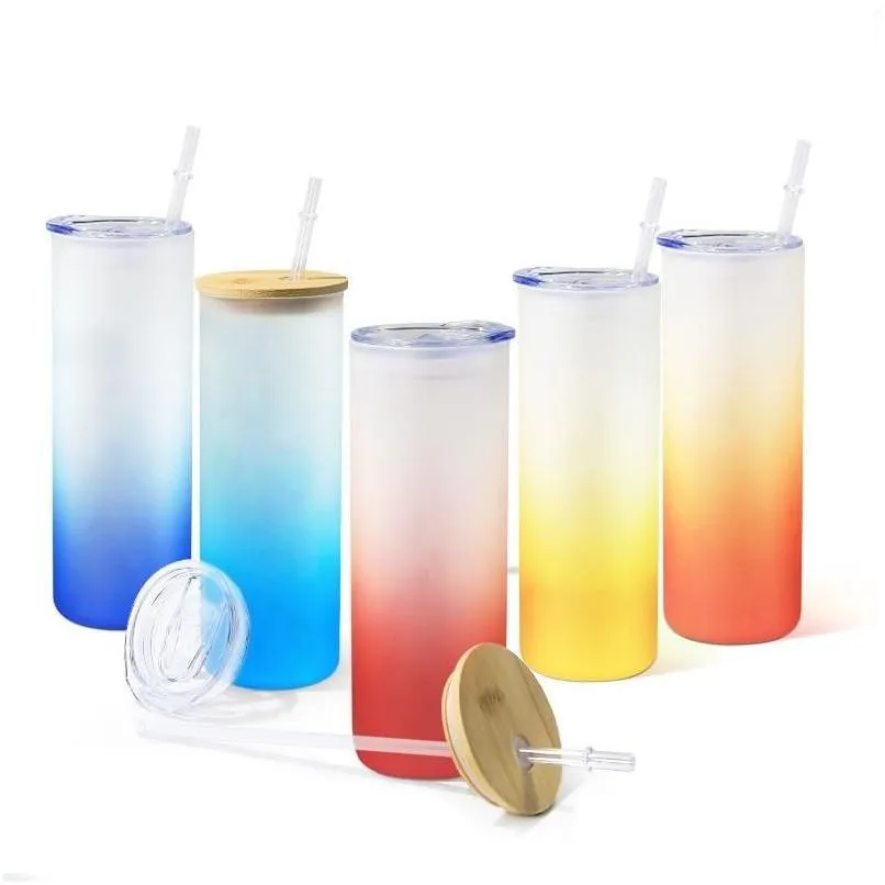 Garrafas de água 16oz 20oz 25oz garrafa de copo de vidro de sublimação reta com tampa de bambu st em branco fosco gradiente cores óculos caneca dhkas