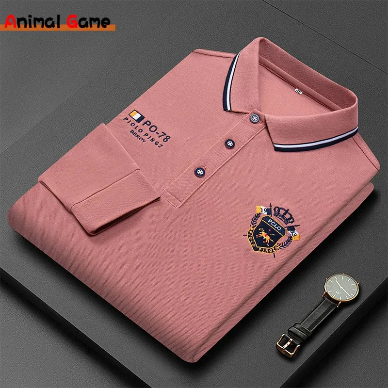 Męska Polos Koreańska Modna T-shirt Polo Polo Długie rękawy Haftowa koszulka polo Lapel Oddychana górna streetwear Lose Ropa Hombres 231202