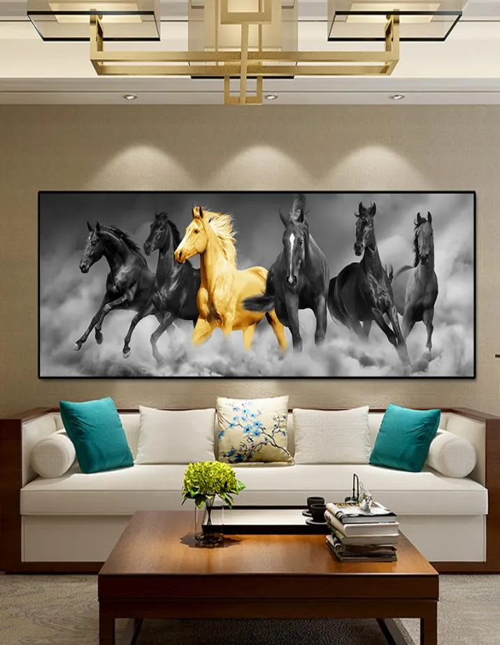 Prairie seis cavalos ouro e preto animais pintura a óleo em tela cartazes e impressões quadros arte da parede fotos para sala de estar4155548