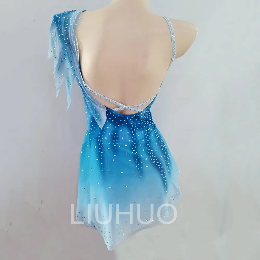 LIUHUO Anpassen Eis Eiskunstlauf Kleid Mädchen Frauen Blau Stretch Mesh Qualität Kristalle Dancewear Ballett Leistung