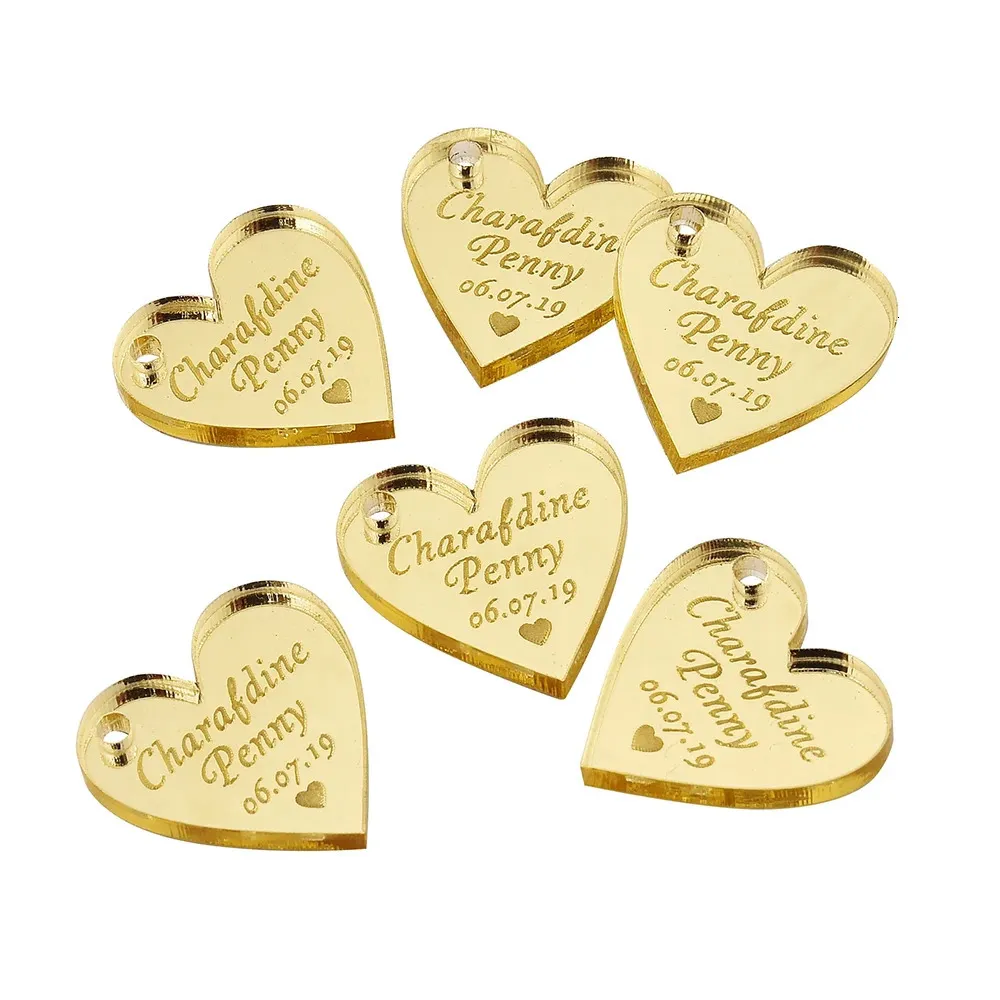 Other Event Party Supplies 100pcs Personalized Wedding Gift Tags Engraved Acrylic Mirror Gold Love HeartsTags For Decor Party Favor 231202