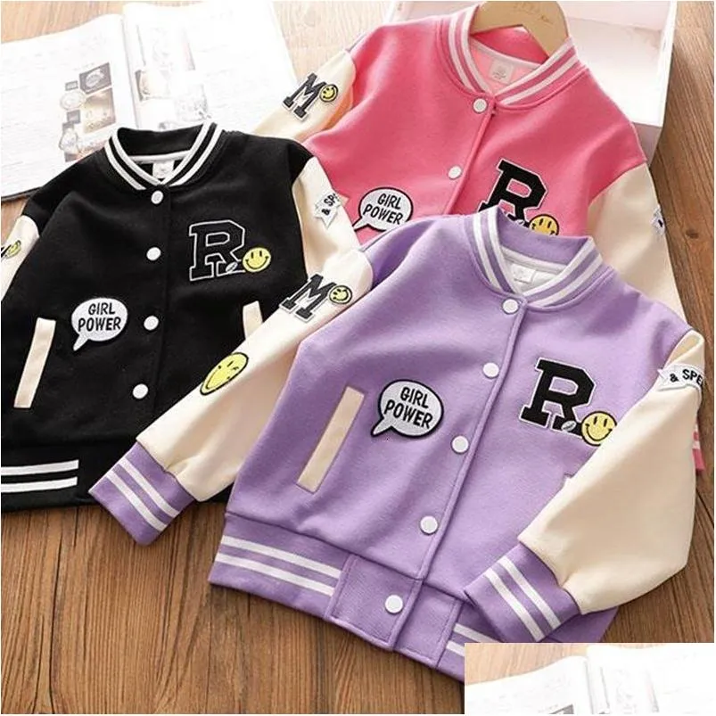 Jackor 5 14 år Autumn Girls Baseball Jacket Håll varm mode tonåring tröja vårsport yttre kläder barn kläder 231007 droppe dh6qn