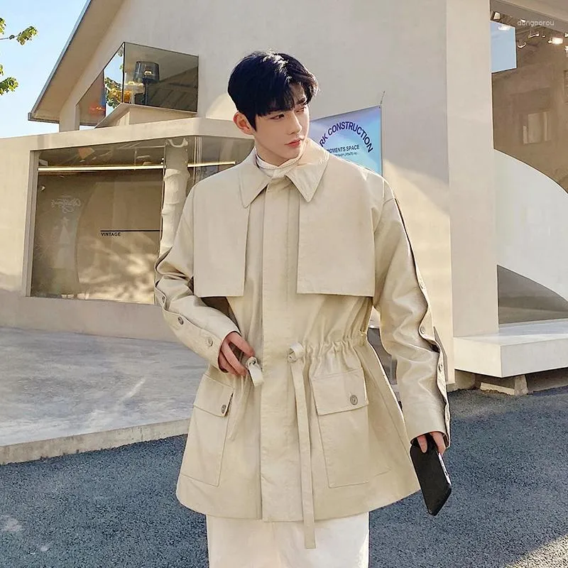 Men's Trench Coats Detachable Sleeve Drawstring Korean Style Vintage Washed Leather Coat Cloak Windbreaker Man Long Jacket Outerwear