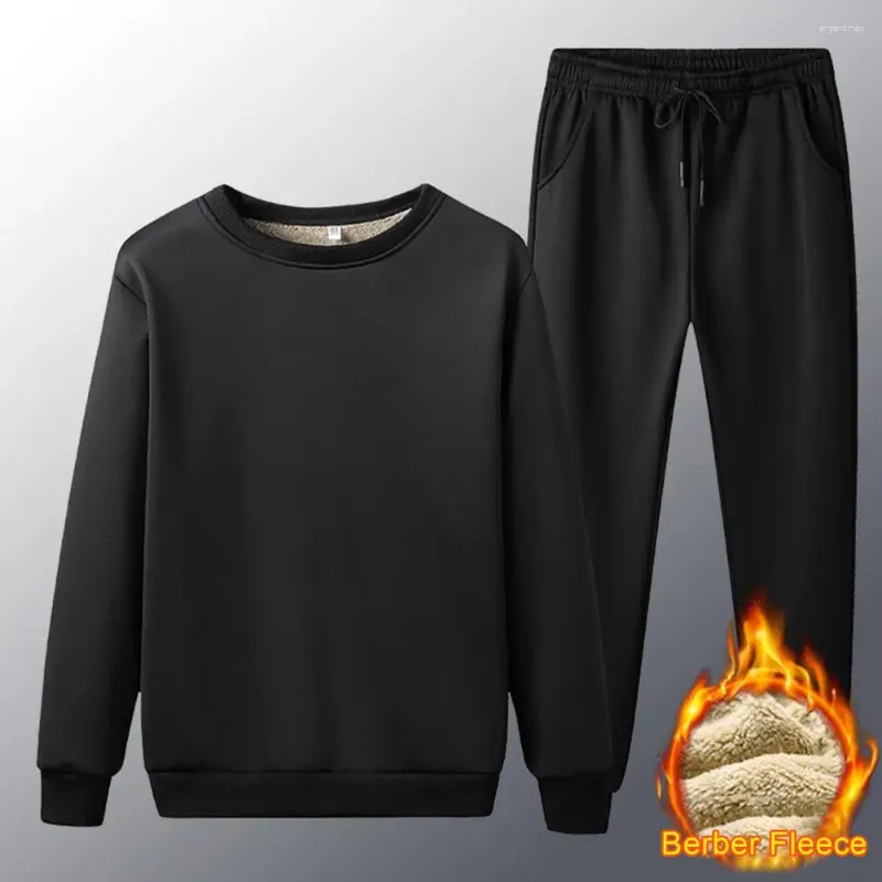 Sous-vêtements thermiques pour hommes Costume confortable pour hommes Ensemble de pyjama d'hiver en peluche épaisse avec sweat-shirt à col rond Pantalon à cordon 2 pièces pour bande de cheville