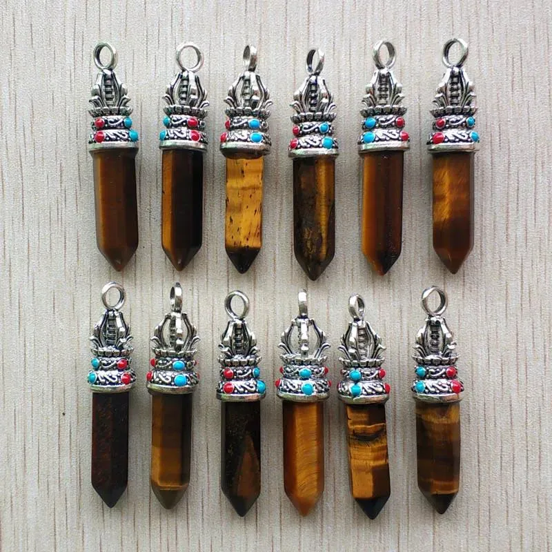 Pendentif Colliers En Gros 12 pcs/lot Mode Bonne Qualité Naturel Oeil De Tigre Pierre Pilier Charmes Pendentifs Pour Le Marquage De Bijoux