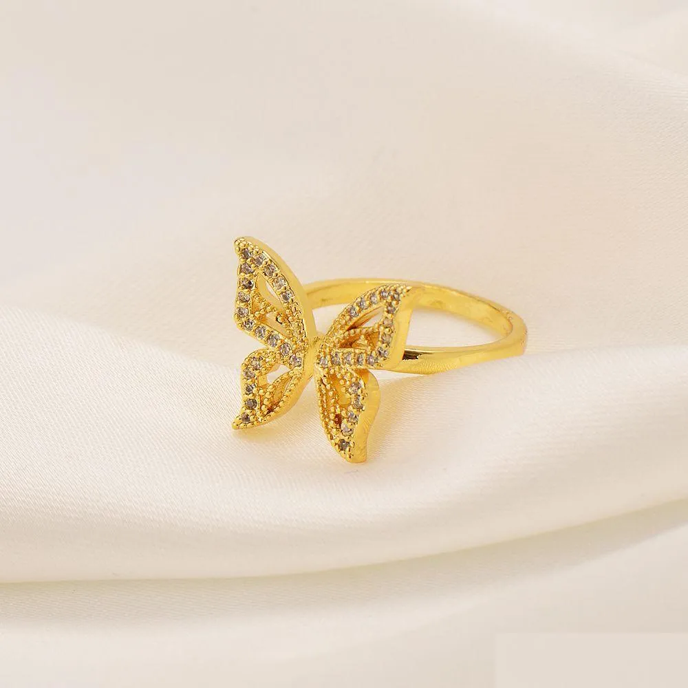 Anéis inteligentes mulheres anel de borboleta de luxo 24k amarelo fino sólido ouro preenchido branco simated diamante piercing no mamilo sobre entrega de gota judeu otcqw