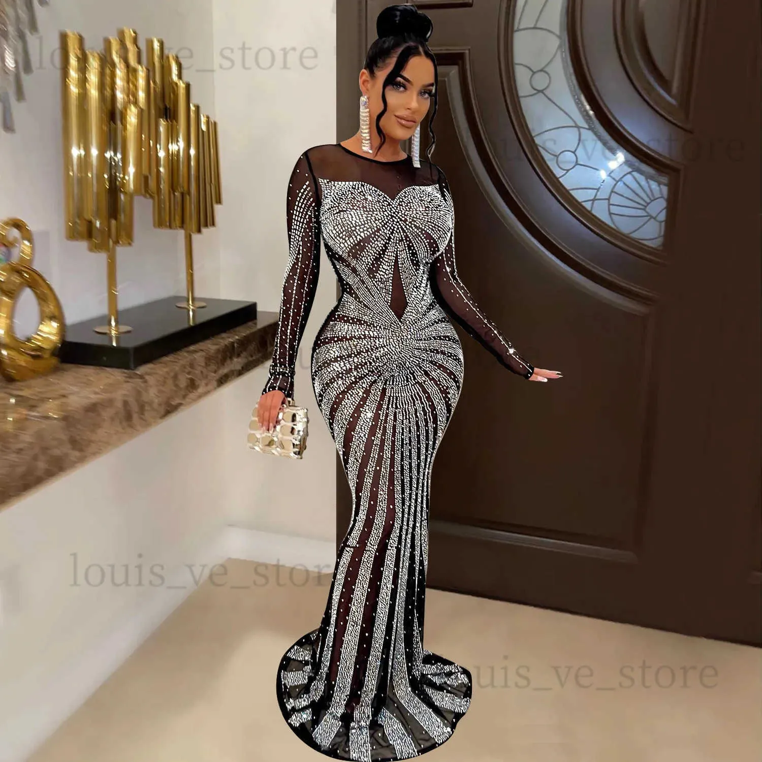 Urban Sexy Dresses Sexig Rhinestone Crystal Mesh Se genom Maxi Dress Sparkle Womens Birthday Night Clubwear Long Party Dresses T231202