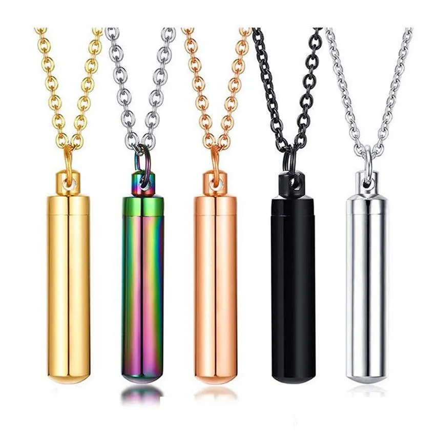 5 color Cylinder Cremation Urn Necklace for Ashes Memorial Keepsake Pendant Stainless Steel Remembrance Jewelry for Women or Men327y