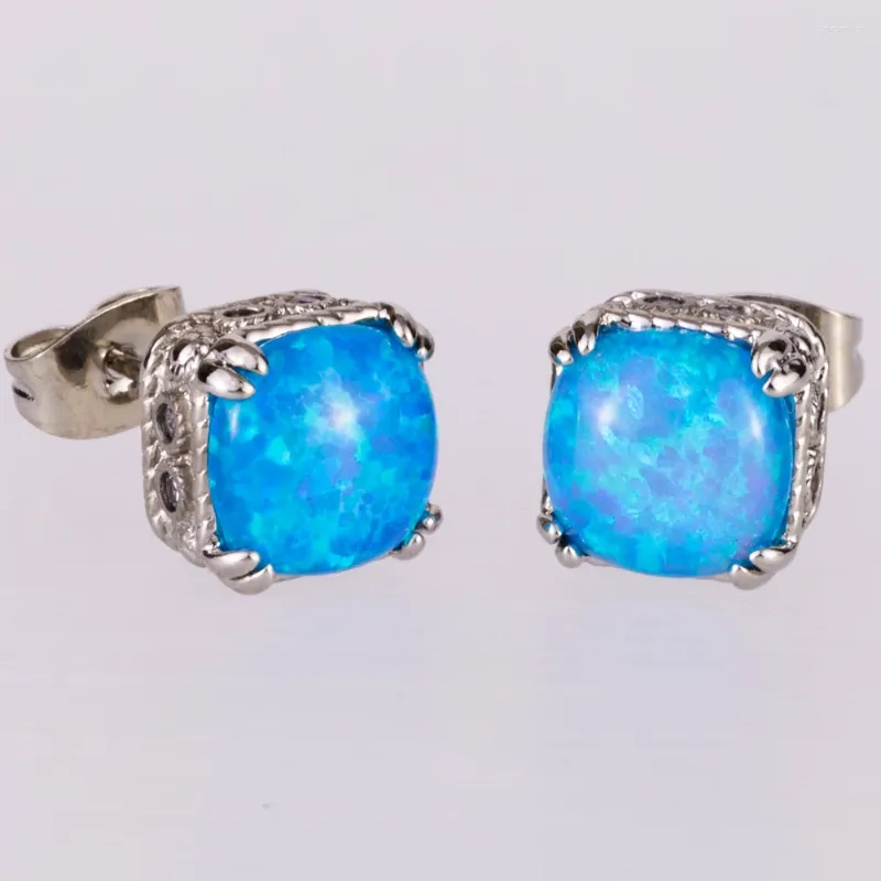 Stud Oorbellen KONGMOON 8x8 Kussen Oceaan Blauw Vuur Opaal Cabochon Verzilverde Sieraden Voor Vrouwen Eenvoudige Piercing