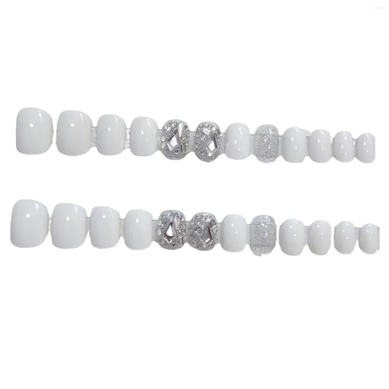 False Nails White And Silver Fake Nail Piled Rhinestones Reusable Short Artificial For Salon Expert Naive Women