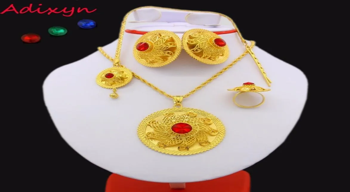 2017 Ethiopian Jewelry Set 24k Gold Color Crystal Necklacependanthair Chainearringring Middle Easter Habesha Wedding Set J19074635644