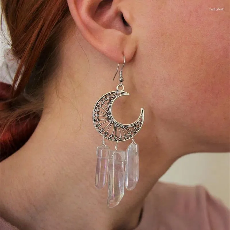Baumelnde Ohrringe, 2 Stück, natürlicher Kristall, sechseckiger Ohrring, handgefertigt, Säule, Mond, Edelstahl, Ohr für Damen