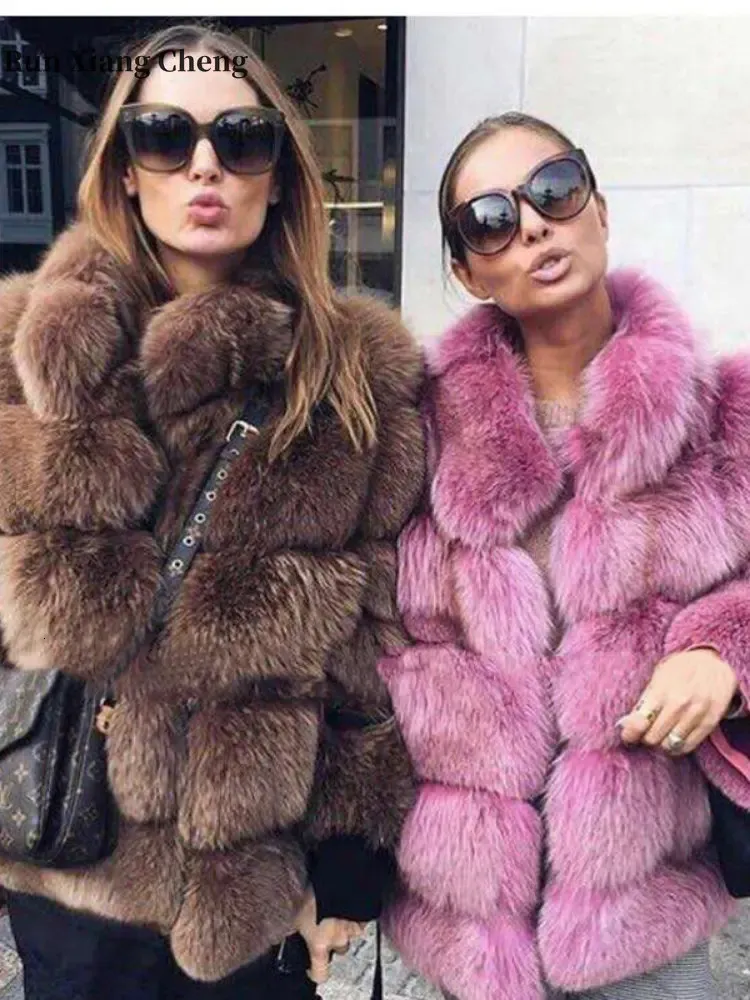 Womens Fur Faux Winter Coat Luxury Imitation Fox Striated Fluffy Stand Collar Fashion Zipper Plush Jacket 231202