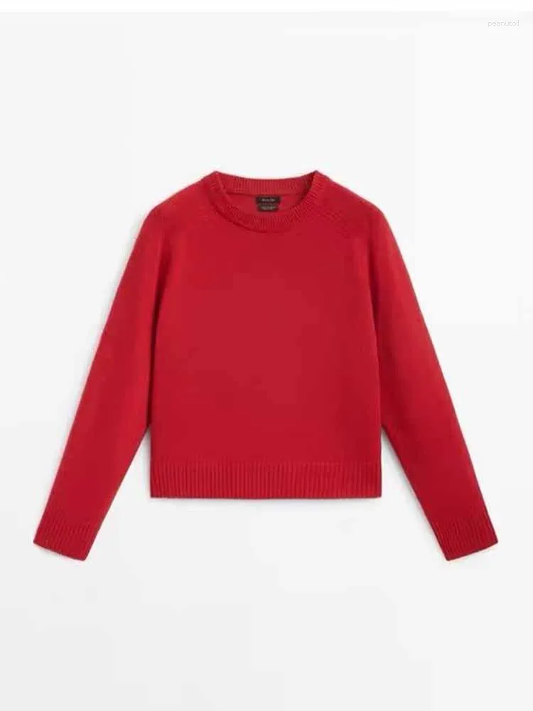 Kobiety swetry kobiety 2023 Moda przycięta czerwona solidna swobodna dzianina sweter vintage o szyję długie rękawie żeńskie pullover eleganckie topy
