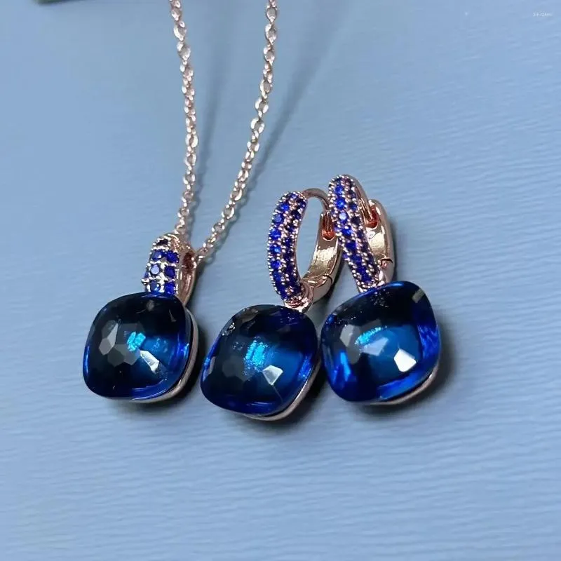 Ensemble de boucles d'oreilles et collier, 2 pièces/ensemble, incrustation de 12.6mm, bleu foncé, Zircon, bijoux en cristal bonbon, gouttes Nudo, à la mode