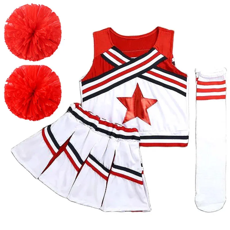 Cheerleading Pompoms Cheerleading Kostuum Dames Meisjes Competitie Rode Cheerleaders School Team Uniform Klasse Pak Voor Kind Danskostuums 231201