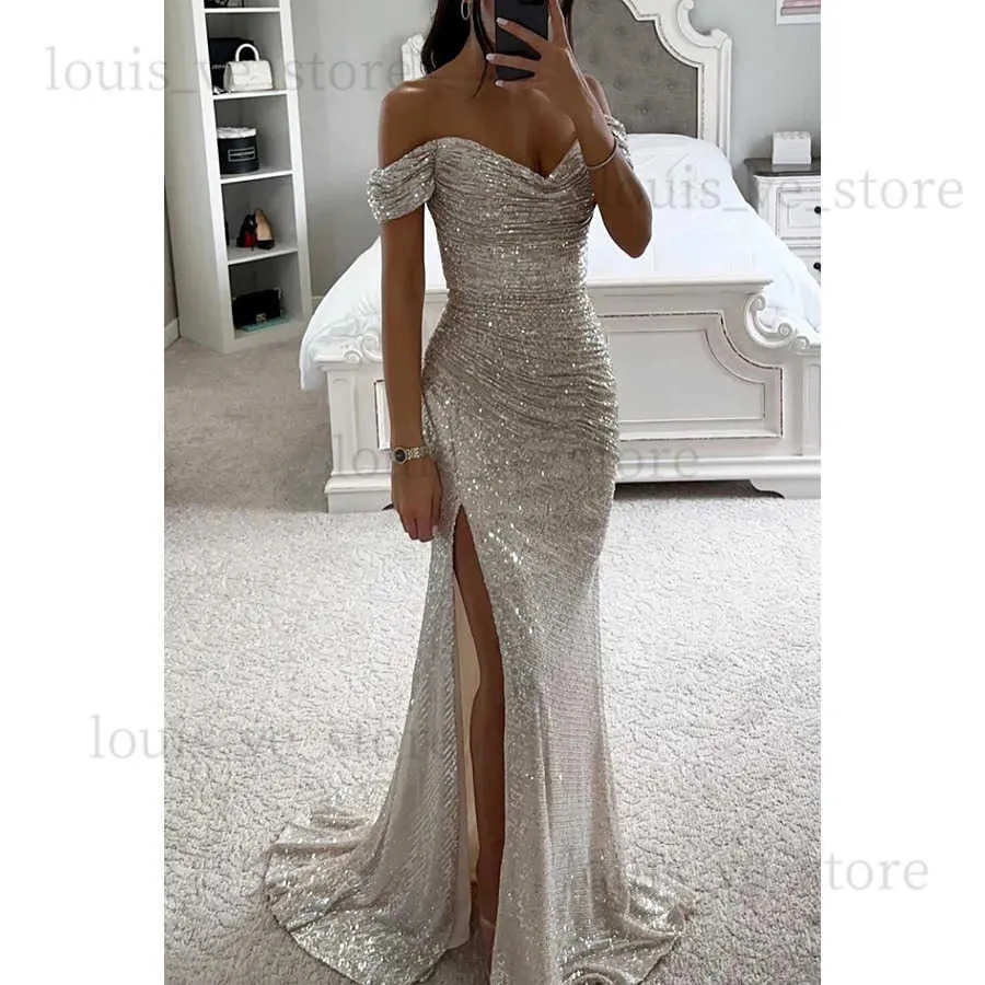 Urban Sexy Dresses Elegant Sequin Ruched Party Maxi Dress Women Off Shoulder High Slit Evening Club Wedding Long Maxi Dress T231202