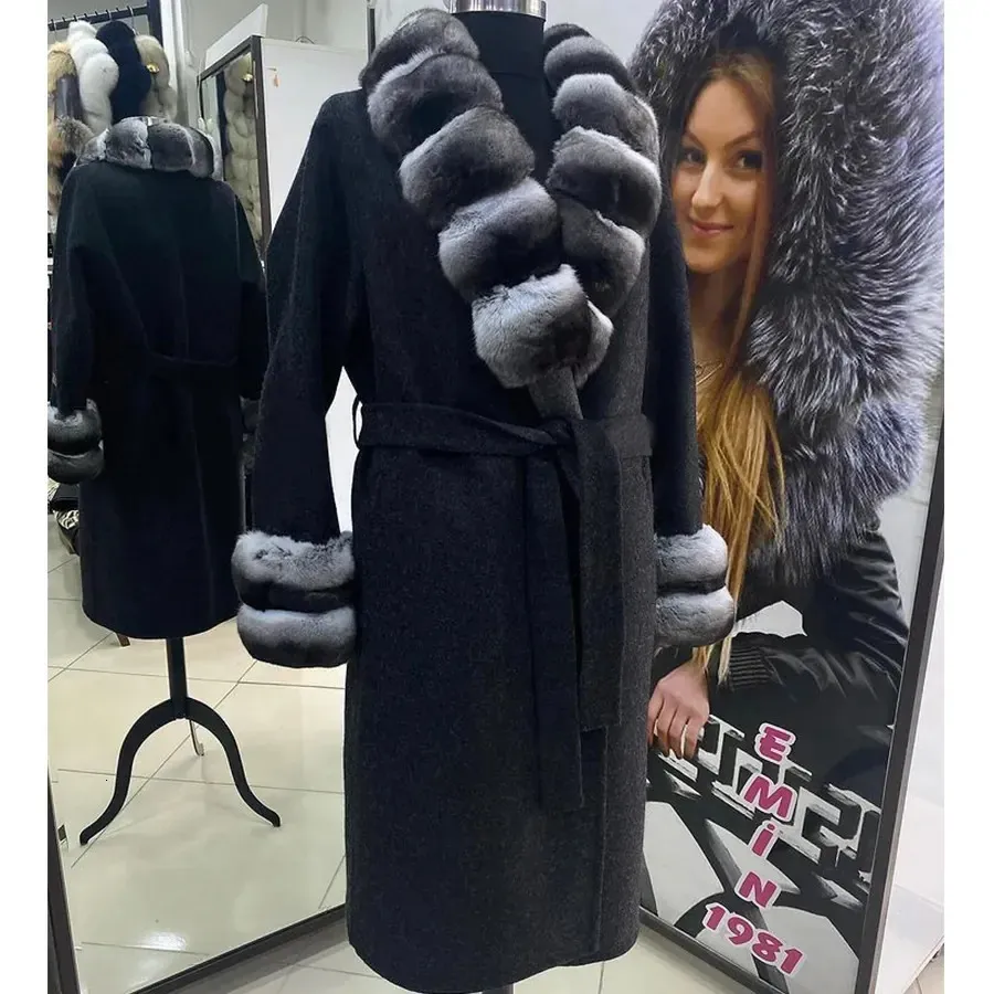 Women's Fur Faux Woolen Winter Coat Real Wool Jacket Long Rex Rabbit Collar Cuffs Cashmere 231201