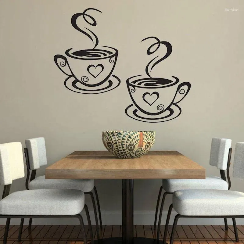 Väggklistermärken dubbla kaffekoppar klistermärke PVC Art Decals Adhesive Kitchen Room Decor JW