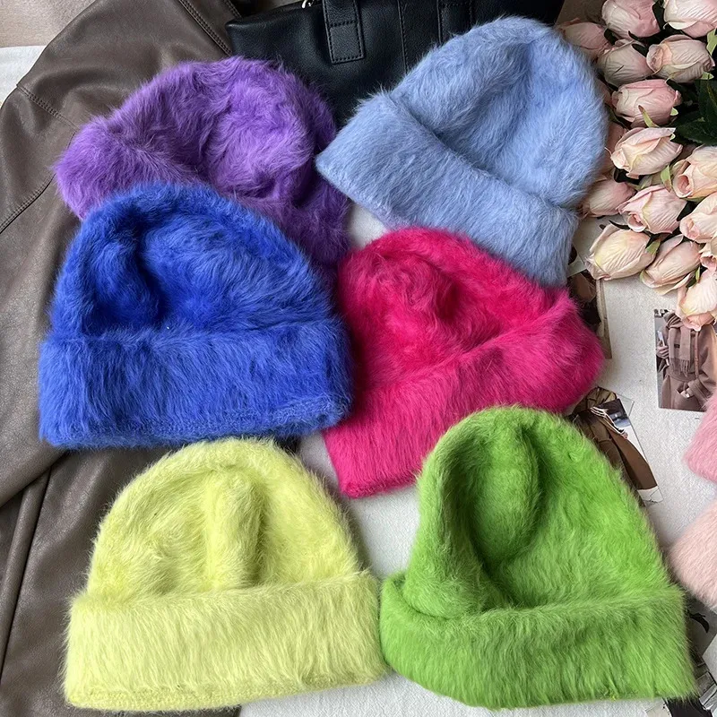 BeanieSkull Caps Mode Fourrure De Lapin Y2k Bonnets Femmes Doux Chaud Moelleux Angola Hiver Tricoté Chapeau Femelle En Peluche Coupe-Vent Bonnet Skullies Cap 231201