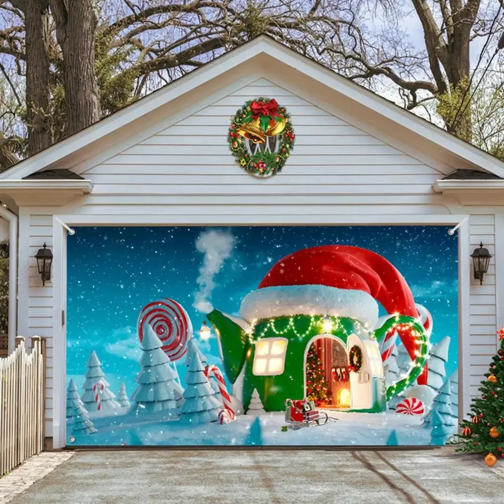 Tapisseries Tapisserie d'élan de Noël Dessin animé Ornement de Noël Porte de garage Décoration murale à suspendre Année Cadeau Tenture murale 231201