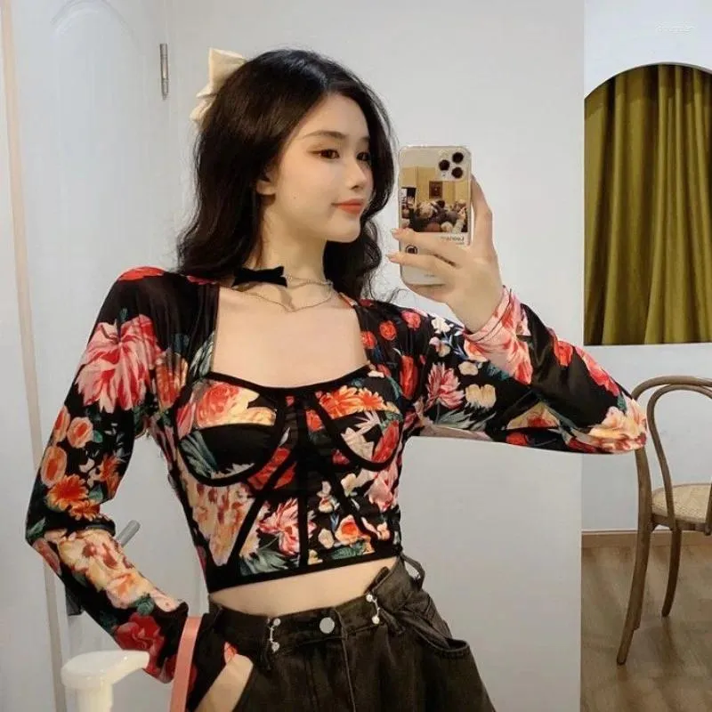 Women's T Shirts Floral Mesh Long Sleeved Female Slim Fitting Square Neck Tops Early Spring Autumn Perspective Bottom T-shirts