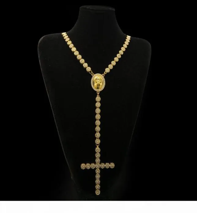 Collana lunga da uomo di lusso in oro argento con strass ghiacciati Volto di Gesù con collana con pendente grande Rosario Gioielli punk5763110