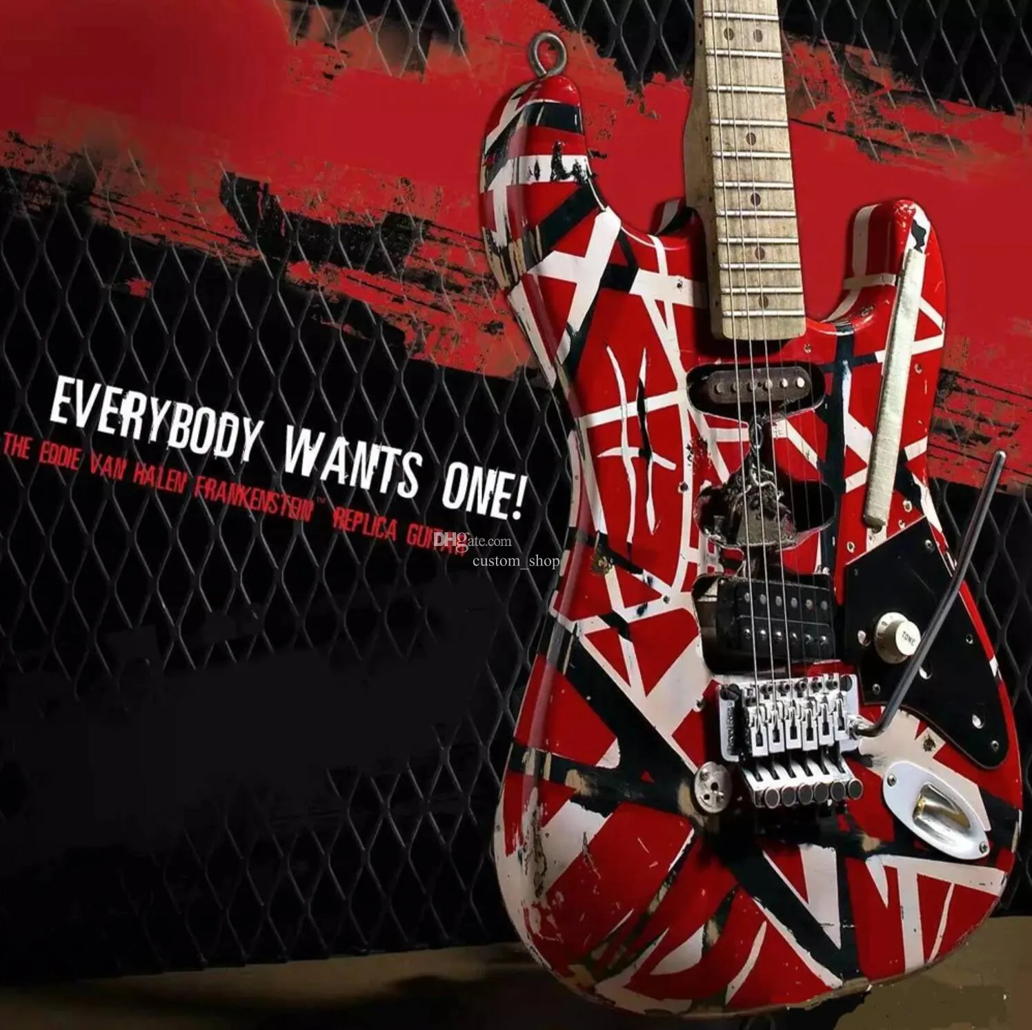 Upgraded Relic Edward Eddie Van Halen Franken Stein Black White Stripes Red Electric Guitar Red Yellow Reflector Eye hook Straps Quarter Coin Floyd Rose Tremolo