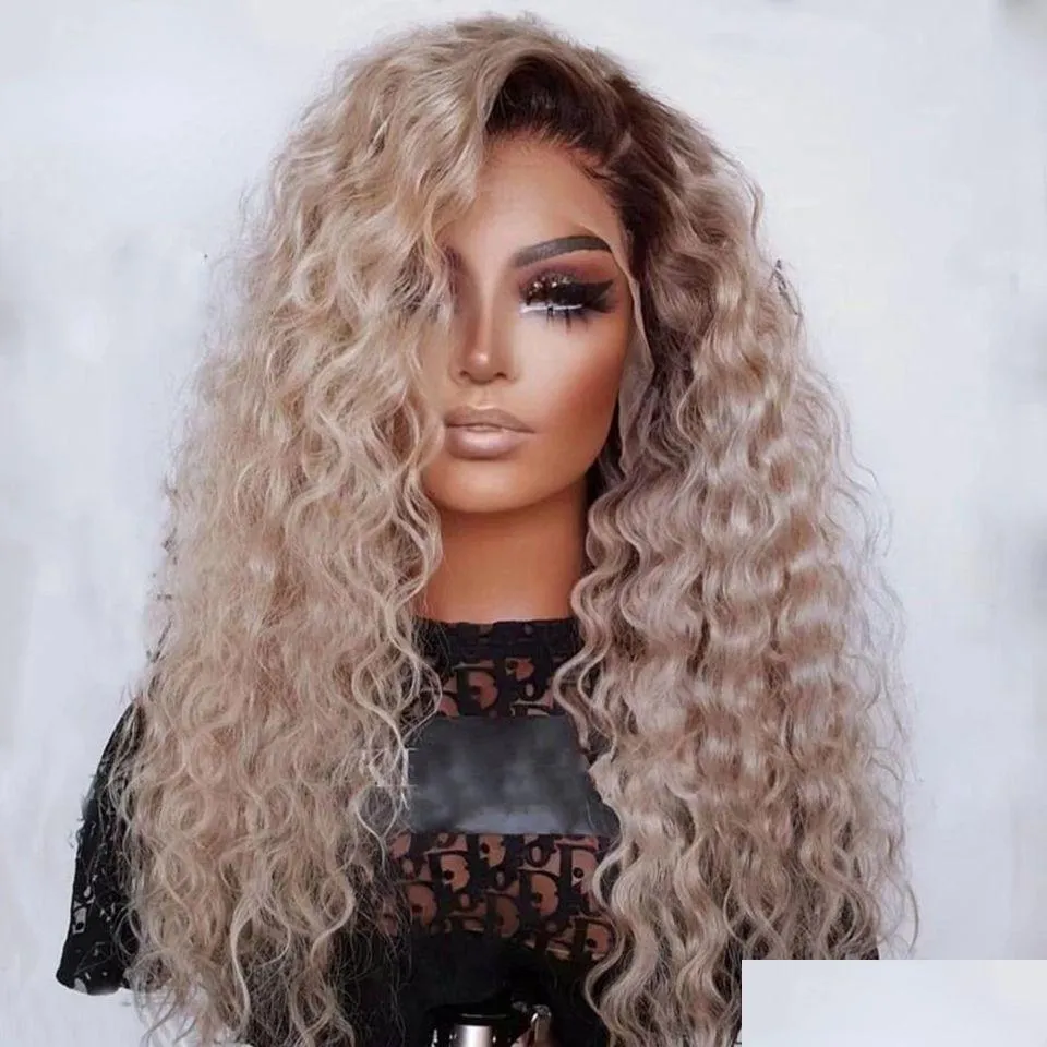 Synthetic Wigs Ash Blonde Curly Lace Front Human Hair For Women Brazilian 360 Deep Wave Frontal Wig Cosplay Drag Queen Drop Delivery P Dhl8K