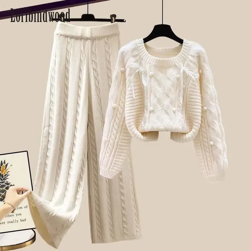 Calças femininas de duas peças outono inverno único conjunto camisola de malha solta e perna larga na moda 231201