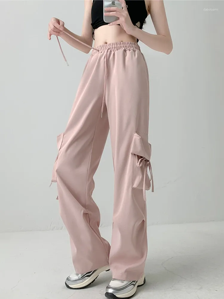 Pantalon Femme Américain Rétro Grande Poche Cargo Femmes Casual Hip Hop Pantalon Large Femme 2023 Y2k Cordon Rose Streetwear Noir