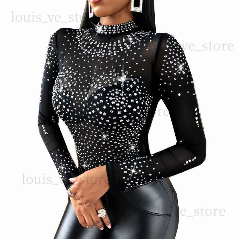 Combinaisons pour femmes Barboteuses élégante dame diamants body 2022 été femmes à manches longues maille voir à travers noir sexy club fête noir body t231202