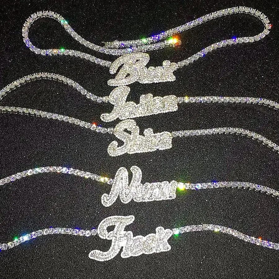 Collar con letras cursivas con nombre personalizado para mujer, cadena de tenis, colgante Micro pavé, parte trasera sólida, joyería de Hip Hop Rock 211S