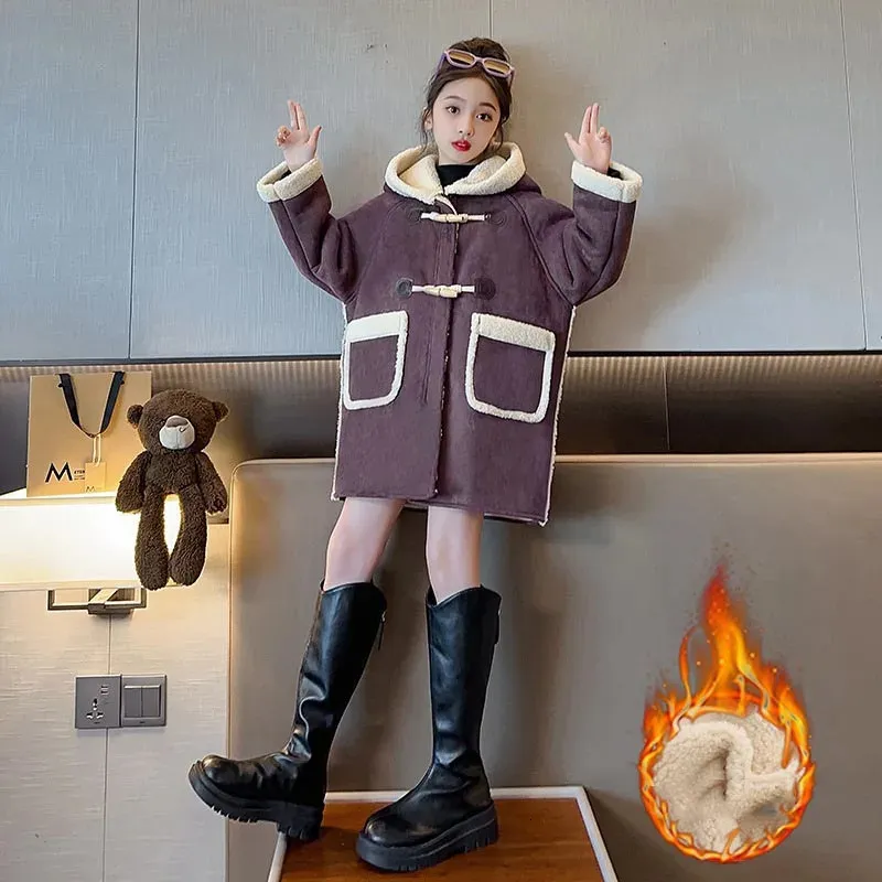 Down Coat Winter Junior Girl Long Plus Velvet Fur Jacket Elementary Hooded Windproof Cow Button Outwears Child Thicken Coats 231202